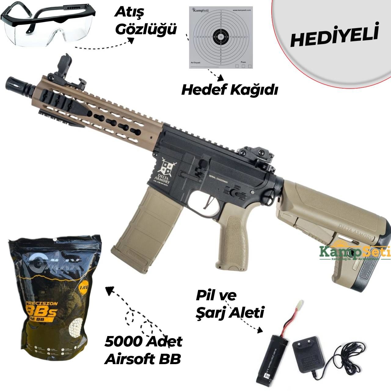 Delta Armory AR15 KeyMod 8” Bravo Airsoft Tüfek / Yarı Çöl (Pil Şarj Dahil)